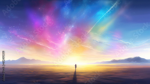 an impressive shining radiant sky with different colors and a small girl watching it, magical wallpaper, ai generated image