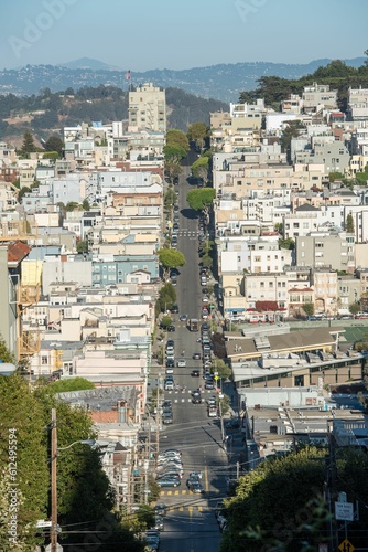 Photography Vertical drone view of the cityscape of San Francisco with many white buildings