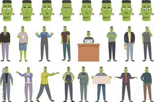 Frankenstein icons set cartoon vector. Face monster. Green holiday