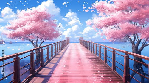 a long bridge until the end in the ocean with cherry trees around, ai generated image