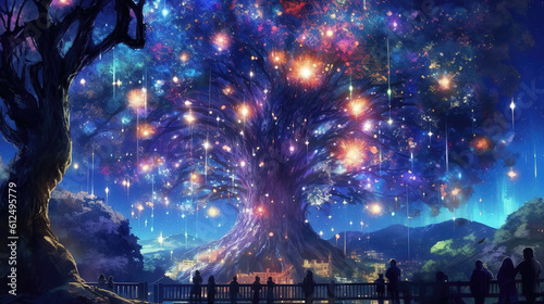 a fairytale inspired shining giant tree, anime wallpaper, ai generated image