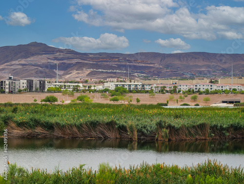 Photography Las Vegas  residential area by the lake and new luxury housing being built on th