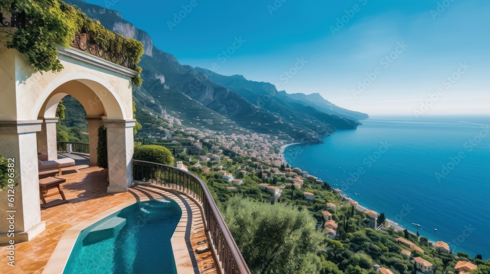 Fototapeta premium Luxurious villa nestled along the breathtaking Amalfi Coast of Italy, with panoramic views of the sparkling Mediterranean Sea and cliffside terraces