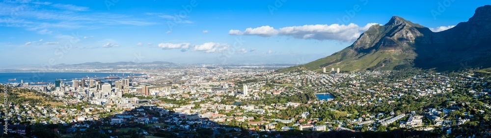 Panoramic aerial shot of Cape Town city and Table Mountain in South Africa