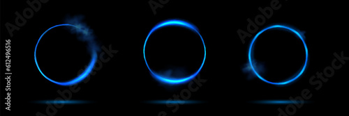Neon swirl. Curve blue line light effect. Abstract ring background with glowing swirling background. Energy flow tunnel. Blue portal, platform. Magic circle vector.