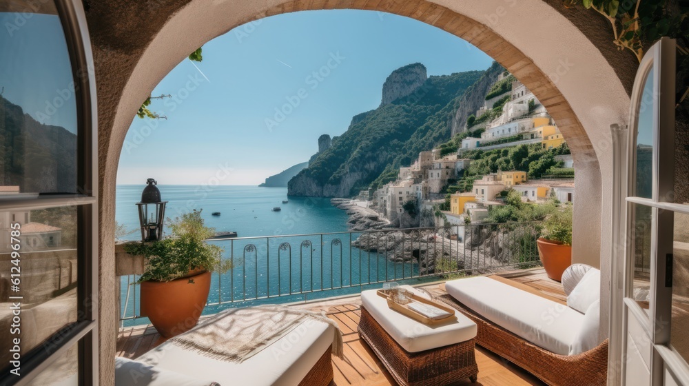 Luxurious villa nestled along the breathtaking Amalfi Coast of Italy, with panoramic views of the sparkling Mediterranean Sea and cliffside terraces Luxurious villa nestled along the breathtaking Amalfi Coast of Italy, with panoramic views of the sparkling Mediterranean Sea and cliffside terraces