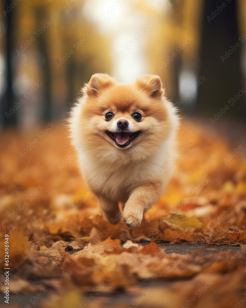 Fototapeta premium Pomeranian running in forest. Generative AI