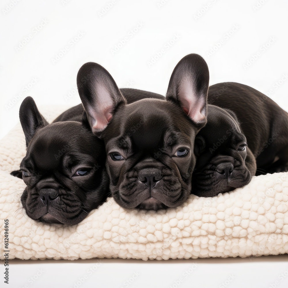 Fototapeta premium Black french bulldog puppies sleeping. Generative AI