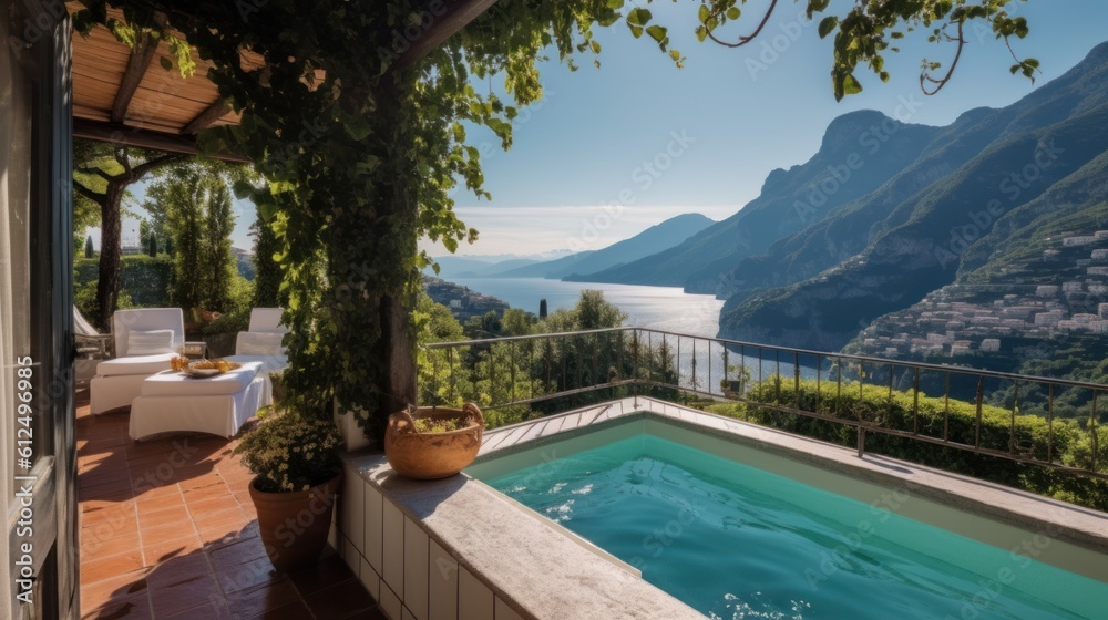 Luxurious villa nestled along the breathtaking Amalfi Coast of Italy, with panoramic views of the sparkling Mediterranean Sea and cliffside terraces Luxurious villa nestled along the breathtaking Amalfi Coast of Italy, with panoramic views of the sparkling Mediterranean Sea and cliffside terraces