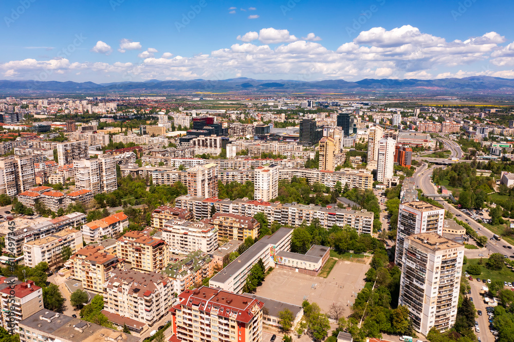 Aerial view from a drone of a district of the city next to the mountain, Sofia Bulgaria