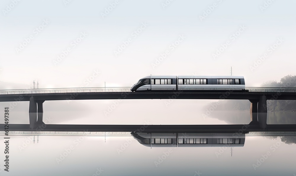  a monorail train crossing a bridge over a body of water in a foggy landscape with trees and a body of water in the foreground.  generative ai