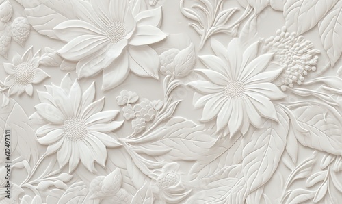  a close up of a white wall with flowers on the wall and leaves on the wall and a bird on top of the wall,.  generative ai