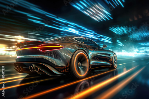 Car silhouette with motion blur effect. Futuristic sports car at night road with light effects. Supercar acceleration at night track with colored light trails. Created with Generative AI