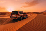 Four wheel drive SUV is driving on dunes in sandy desert. Car racing offroad. Created with Generative AI