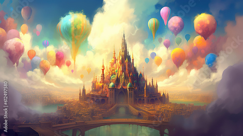 Fototapeta samoprzylepna zamek inspirowany bajką z balonami, obraz wygenerowany przez sztuczną inteligencję