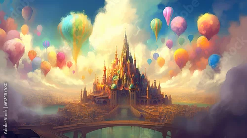Obraz zamek inspirowany bajką z balonami, obraz wygenerowany przez sztuczną inteligencję