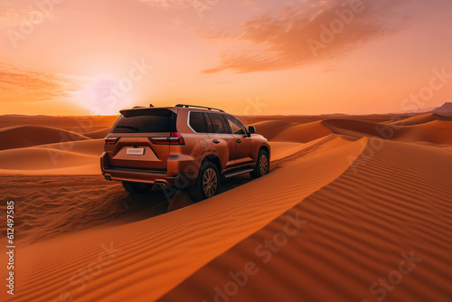 Four wheel drive SUV is driving on dunes in sandy desert. Car racing offroad. Created with Generative AI © Lazy_Bear