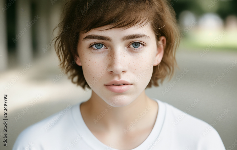 Portrait of a beautiful young cute freckled girl with short messy hair with blue eyes wearing a white t-shirt outdoors. Generative AI. Portrait of a beautiful young cute freckled girl with short messy hair with blue eyes wearing a white t-shirt outdoors. Generative AI.