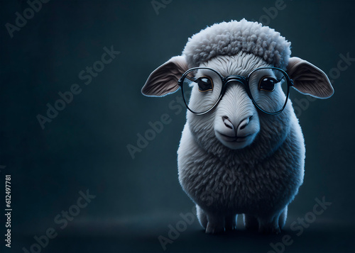 Cute sheep in eyewear on dark background. Generative AI technology