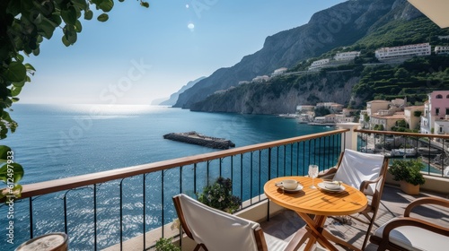 Luxurious villa nestled along the breathtaking Amalfi Coast of Italy, with panoramic views of the sparkling Mediterranean Sea and cliffside terraces