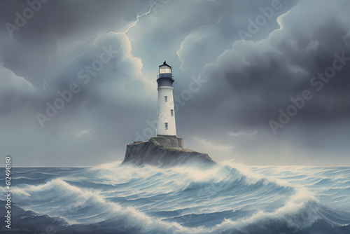 A stormy sea and dramatic sky, a lighthouse on a cliff, watercolor, artstation, AI generated