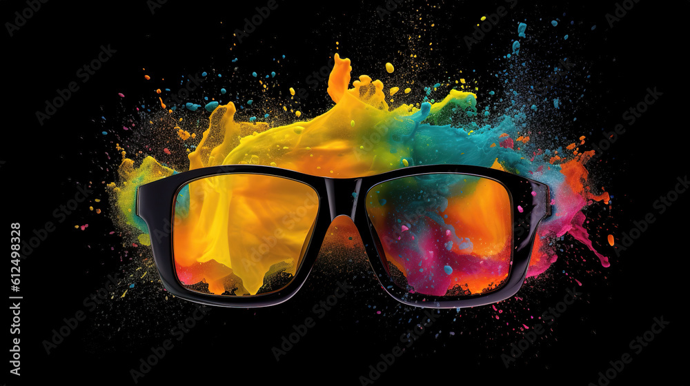 Fototapeta premium modern black glasses with a color splash background, ai generated image