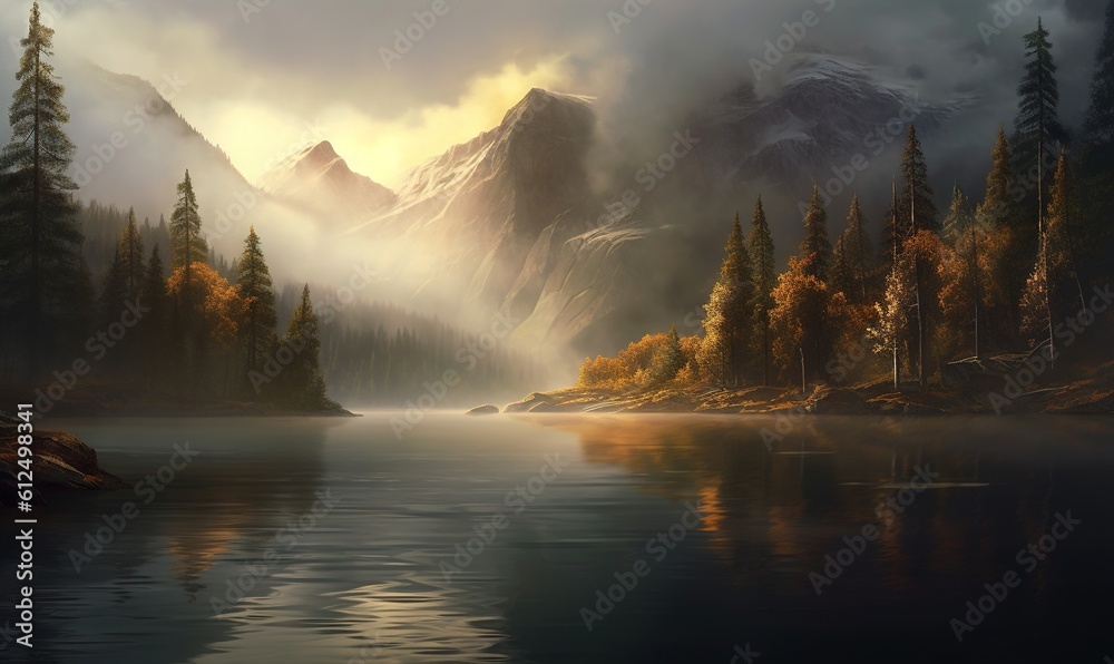  a painting of a mountain lake surrounded by trees and clouds with the sun shining through the clouds and the mountains in the distance, with a fog in the foreground.  generative ai
