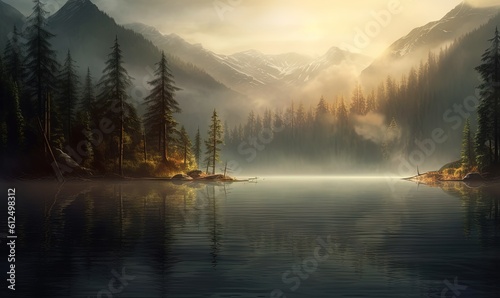  a painting of a lake surrounded by trees and mountains with a sun setting in the distance and fog in the air, with a boat in the foreground.  generative ai
