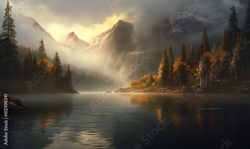  a painting of a mountain lake surrounded by trees and clouds with the sun shining through the clouds and the mountains in the distance, with a fog in the foreground.  generative ai © Anna