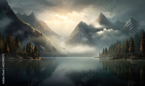  a painting of a mountain lake surrounded by fog and clouds with a forest in the foreground and a mountain range in the background with a sun shining through the clouds. generative ai