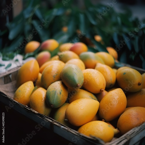 Fresh delicious sweet mangoes on a wooden background.  ,Generative AI