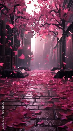 Beautiful street with old buildings covered with magenta autumn leaves. Nighttime. Illustration. Generative AI
