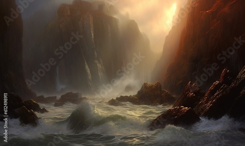  a painting of a rocky coast with waves crashing against the rocks and the sun shining through the foggy sky over the cliffs and the water. generative ai