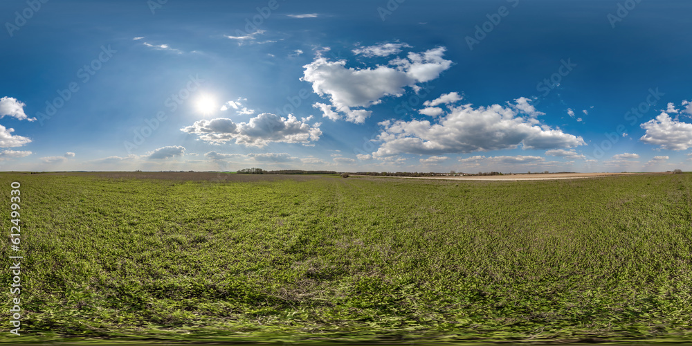 Obraz premium spherical 360 hdri panorama among green grass farming field with clouds on blue sky with sun in equirectangular seamless projection, use as sky replacement, game development as skybox or VR content