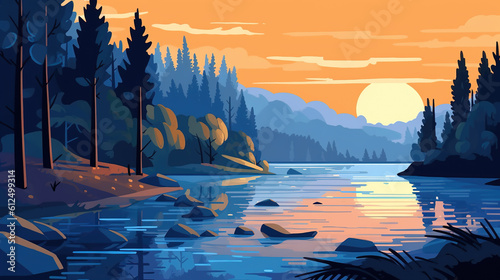 a sunset anime landscape illustration with a river, ai generated image