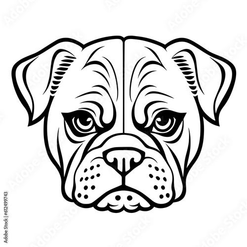 A charming monochrome icon with the image of a cute pug or bulldog head. Illustration of a pet for tattoo or coloring