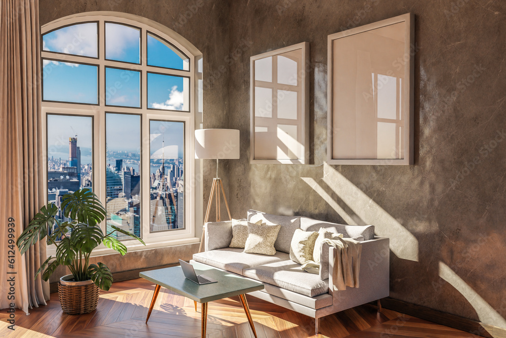 Fototapeta premium luxurious loft apartment with arched window and panoramic view over urban downtown; noble interior living room design mock up; 3D Illustration