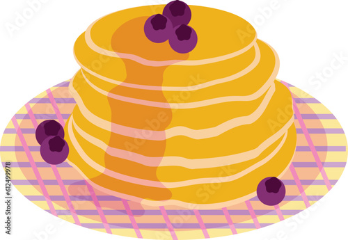 Pancakes on a plate with jam and blueberries.  