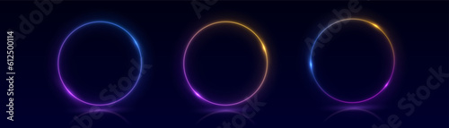 Neon swirl. Curve blue line light effect. Abstract ring background with glowing swirling background. Energy flow tunnel. Blue portal, platform. Magic circle vector. Luminous spiral. round frame