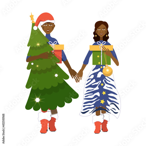 A man holds a New Year's tree and a woman holds a New Year's gift. A couple holds hands on the eve of the New Year.