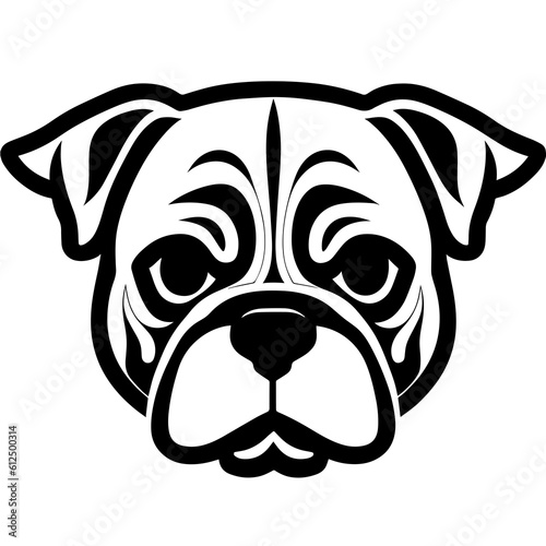 A charming monochrome icon with the image of a cute pug or bulldog head. Illustration of a pet for tattoo or coloring