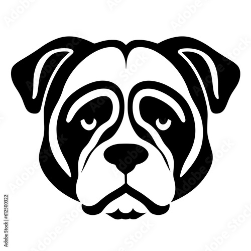 A charming monochrome icon with the image of a cute pug or bulldog head. Illustration of a pet for tattoo or coloring