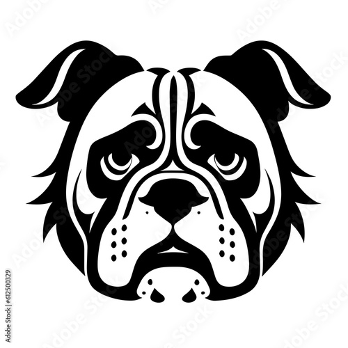 A charming monochrome icon with the image of a cute pug or bulldog head. Illustration of a pet for tattoo or coloring