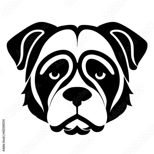 A charming monochrome icon with the image of a cute pug or bulldog head. Illustration of a pet for tattoo or coloring