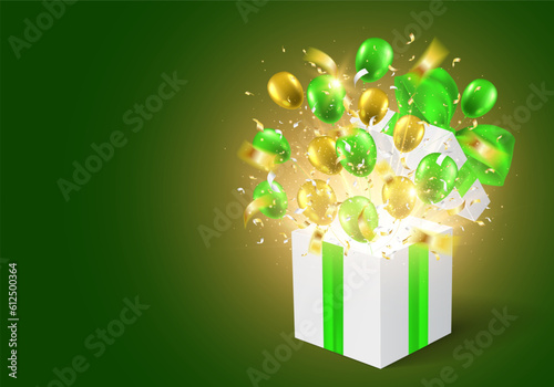 Open gift box with rays of lights, balloons and confetti. Vector template greeting card for anniversary, holiday or birthday.