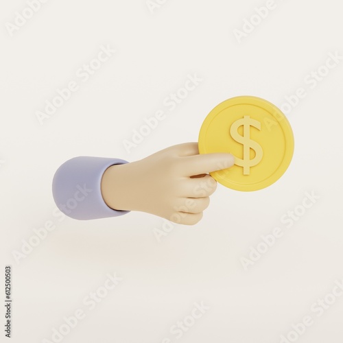 Cartoon hand holding a coin dollar, money-saving, online payment, and payment concept. 3d render illustration