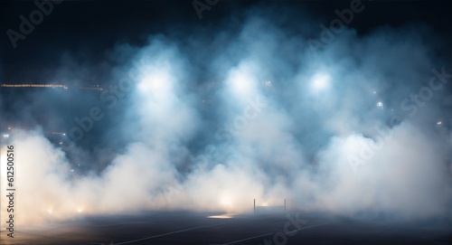 Bright stadium arena lights .stadium lights and smoke against dark night, generative ai