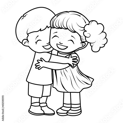 Happy girl and boy hugging joyfully. Love, friendship, a sign of attention. Fun, funny coloring book. Vector, cartoon drawing. Linear, outline, simple, silhouette. For print and web design
