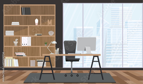 Dark business room interior with pc computer on work desk and shelf with documents, carpet on hardwood floor.