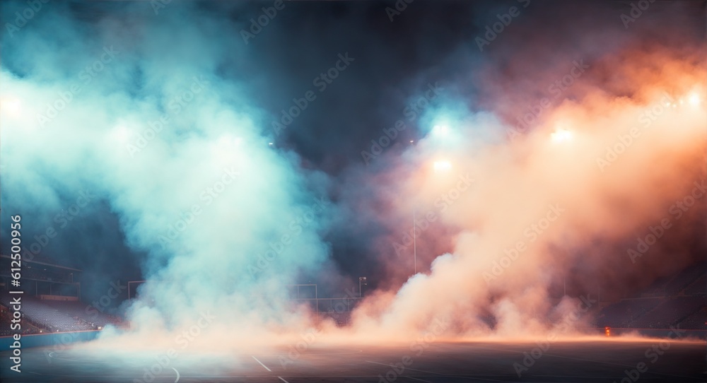 Bright stadium arena lights and smoke, generative ai